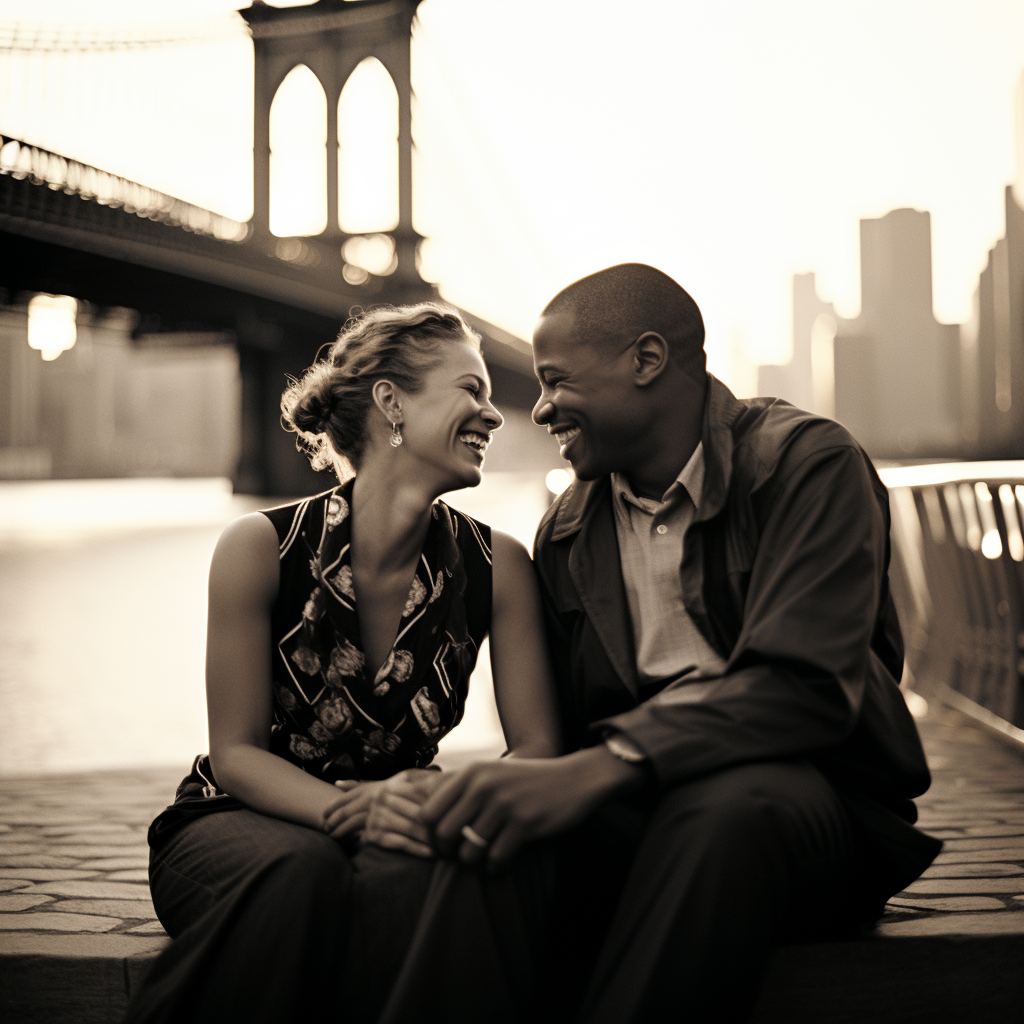 Joyful couple deeply connected near Brooklyn Bridge, representing strong relationship bonds despite adult ADHD challenges, expertly supported by New York City marriage therapy.