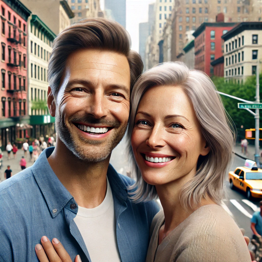 Image of happy couple after a midlife marriage crisis in Manhattan.