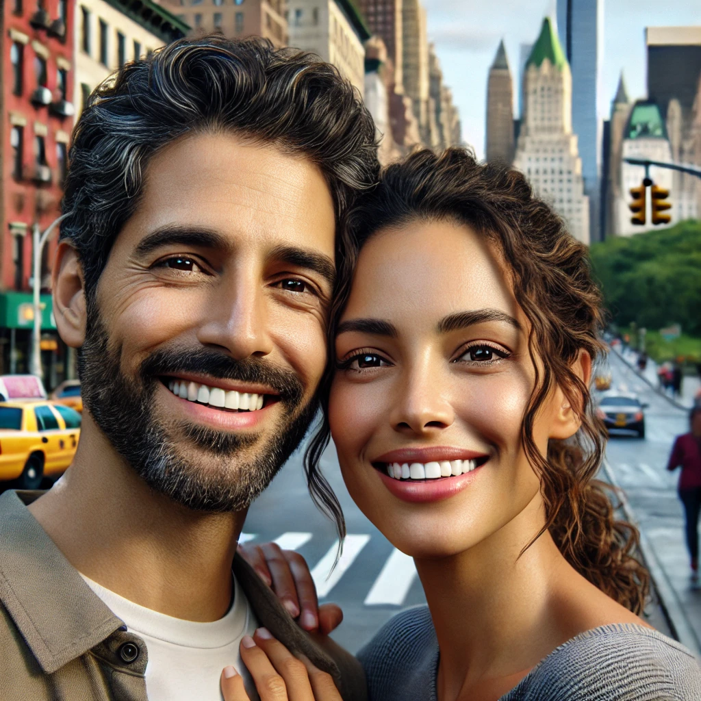 Image of latino couple in NYC happy after couples therapy in Manhattan facing midlife marriage crises.